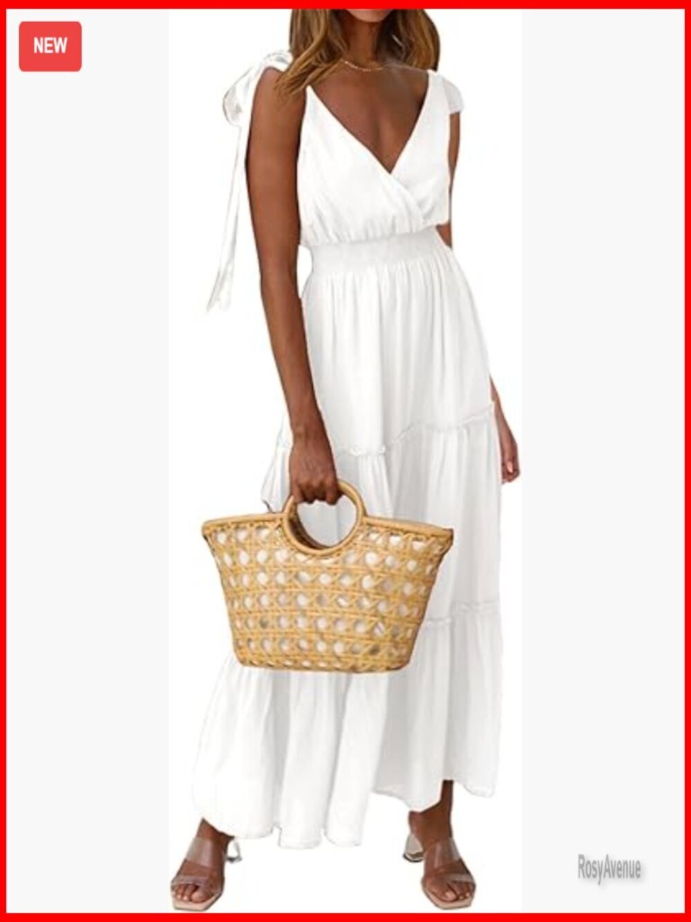 Sleeveless Maxi Dress with Smocked Waist, Cross Neck, Tiered Flowy Summer Beach